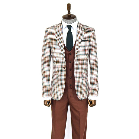 Carson Slim Fit Plaid 3-Piece Vested Suit // Brown + White + Green (Euro: 42)