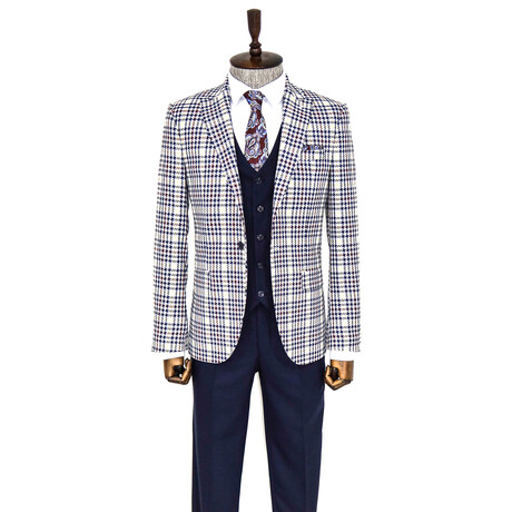 Remi Slim Fit Plaid 3-Piece Vested Suit // Navy + White (Euro: 42)