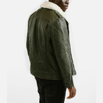 Prometheus Shearling Trim Leather Jacket // Olive Green + White Wool Trim (Standard Midweight // X-Small)