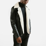 Prometheus Shearling Trim Leather Jacket // Midnight Black + White Wool Trim (Standard Midweight // X-Small)