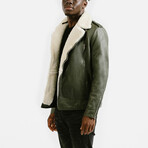 Prometheus Shearling Trim Leather Jacket // Olive Green + White Wool Trim (Standard Midweight // X-Small)