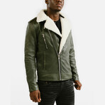 Prometheus Shearling Trim Leather Jacket // Olive Green + White Wool Trim (Standard Midweight // X-Small)