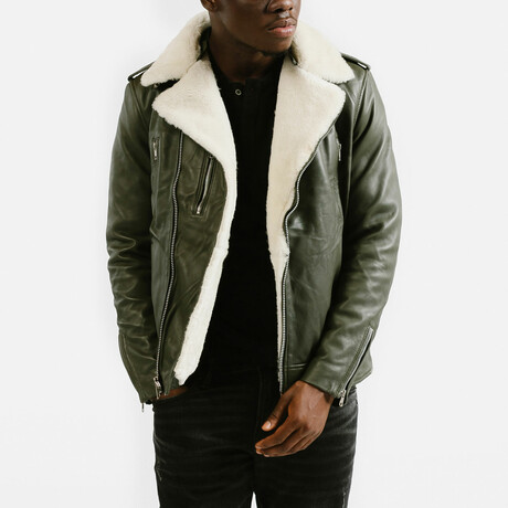 Prometheus Shearling Trim Leather Jacket // Olive Green + White Wool Trim (Standard Midweight // X-Small)