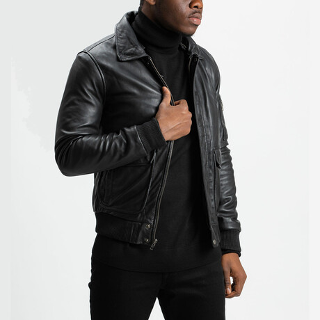 Icarus Aviator Leather Jacket // Midnight Black + Black Wool Collar (Standard Midweight // X-Small)