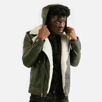 Prometheus Shearling Trim Leather Jacket // Olive Green + White Wool Trim (Standard Midweight // X-Small)