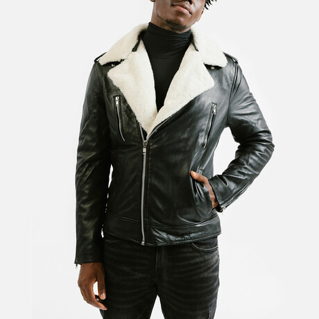 Prometheus Shearling Trim Leather Jacket // Midnight Black + White Wool Trim (Standard Midweight // X-Small)