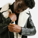 Prometheus Shearling Trim Leather Jacket // Midnight Black + White Wool Trim (Standard Midweight // X-Small)