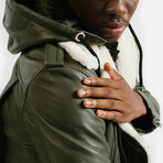 Prometheus Shearling Trim Leather Jacket // Olive Green + White Wool Trim (Standard Midweight // X-Small)