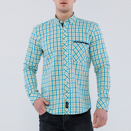 George Long Sleeve Button Up Shirt // White + Turquoise (S)