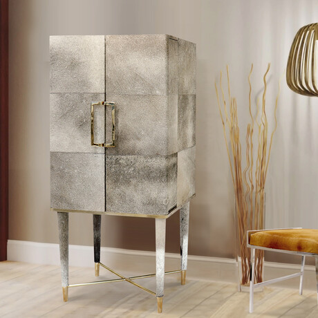 Arabella Steel + Cowhide Upholstered Bar Cabinet