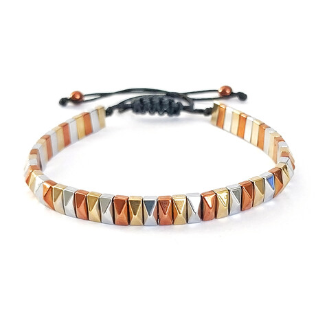 Natural Stone Rectangular Stud Beaded Bracelet // Silver + Gold + Bronze