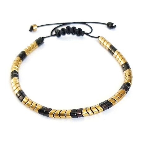Natural Stone Curvy Beaded Bracelet // Gold + Black