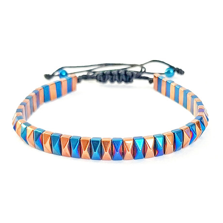 Natural Stone Rectangular Stud Beaded Bracelet // Bronze + Blue