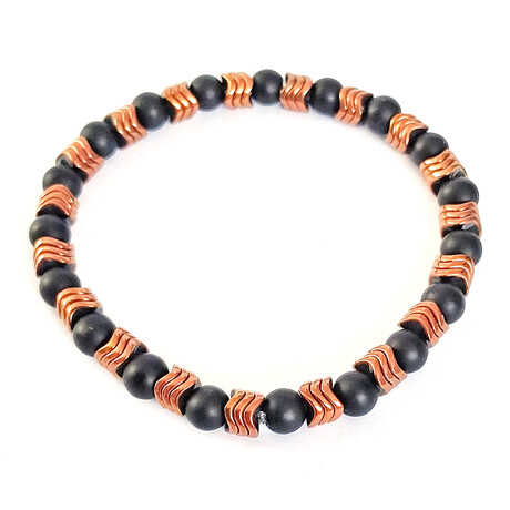 Natural Stone Round + Wavy Beaded Bracelet // Bronze + Black