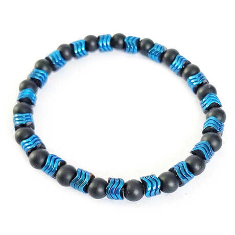 Natural Stone Round + Wavy Beaded Bracelet // Blue + Black