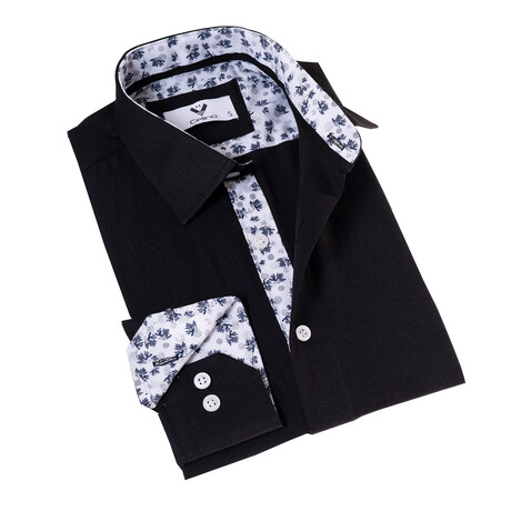 7209 Floral Reversible Cuff Button-Down Shirt // Black (S)