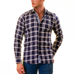 7208 Checkered Reversible Cuff Button-Down Shirt // Blue + White (L)