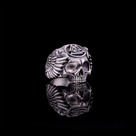 Odin Skull Ring with Raven Wings + Valknut // Oxidized Silver (5.5)