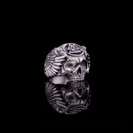 Odin Skull Ring with Raven Wings + Valknut // Oxidized Silver (6.5)
