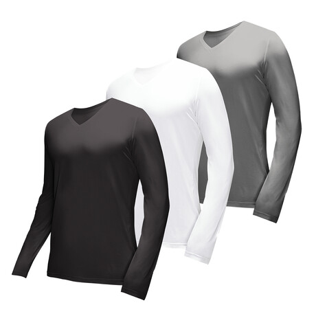 Essential Long Sleeve V-Neck T-Shirt // 3-Pack // Heather: Gotham + Bright White + Charcoal (XS)