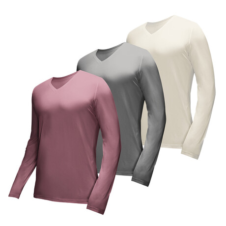 Essential Long Sleeve V-Neck T-Shirt // 3-Pack // Heather: Redwood + Dark Slate + Alloy (XS)