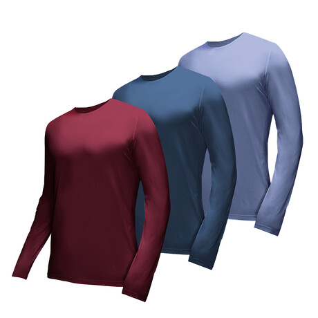 Essential Long Sleeve Crew Neck T-Shirt // 3-Pack // Heather: Oxblood + Midnight Navy + Riverside (XS)