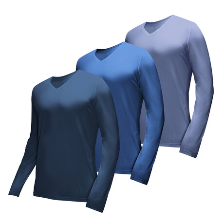 Essential Long Sleeve V-Neck T-Shirt // 3-Pack // Heather: Midnight Navy + Classic Blue + Riverside (L)