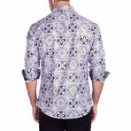 Damask Floral Print Long Sleeve Button-Up Shirt // White (L)
