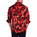 Velvet Paisley + Metallic Long Sleeve Button-Up Shirt // Red (2XL)