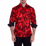 Velvet Paisley + Metallic Windowpane Long Sleeve Button-Up Shirt // Red (S)