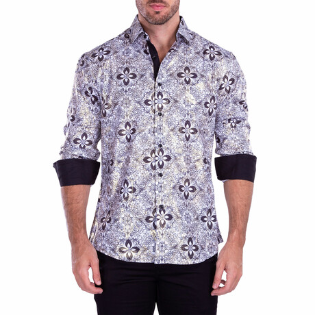 Damask Floral Print Long Sleeve Button-Up Shirt // White (XS)