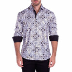 Damask Floral Print Long Sleeve Button-Up Shirt // White (XL)