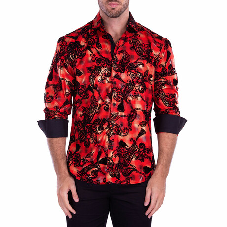 Velvet Paisley + Metallic Long Sleeve Button-Up Shirt // Red (XS)