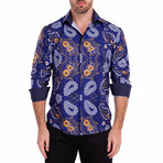 Gold Medallions + Paisley Geo Print Long Sleeve Button-Up Shirt // Navy (S)