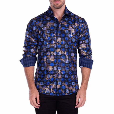 Abstract Dec Pattern Metallic Long Sleeve Button-Up Shirt // Black (XS)