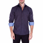 Brushed Satin Long Sleeve Button-Up Shirt // Navy (M)