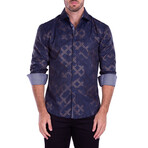 Metallic Geo Print Long Sleeve Button-Up Shirt // Navy (XS)