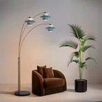 Palm Springs 83" 3-Light Arc Lamp // Dimmer Switch (Weathered Brass + Bluetone Shades)