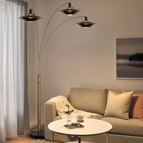 Rancho Mirage 87" 3-Light Arc Lamp // Dimmer Switch // Weathered Brass + Matte Black/Gold Leaf Shade