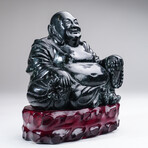Genuine Hand Carved Black Jade Buddha on Wooden Display Stand