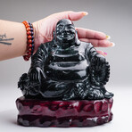 Genuine Hand Carved Black Jade Buddha on Wooden Display Stand