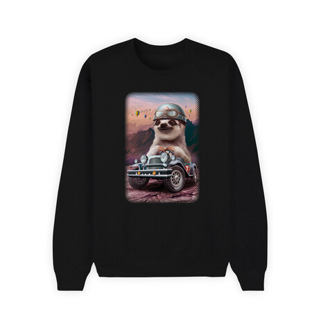Sloth On Racing Car Sweatshirt // Black (X-Small)