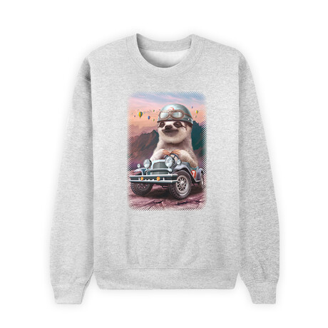 Sloth On Racing Car Sweatshirt // Gray (X-Small)