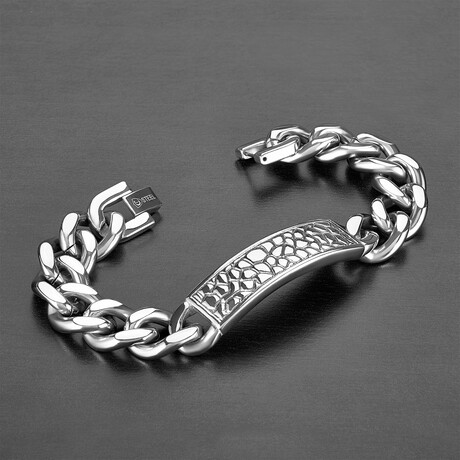 Textured Stainless Steel Plate Curb Chain Bracelet // 8"