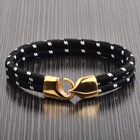 Black Nylon Paracord + Gold Plated Stainless Steel Hook Clasp Cuff Bracelet // 8.5"