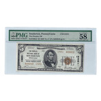 1929 $5 Small Size National Bank Note // People National Bank Souderton Pennsylvania // PMG Certified About Uncirculated 58