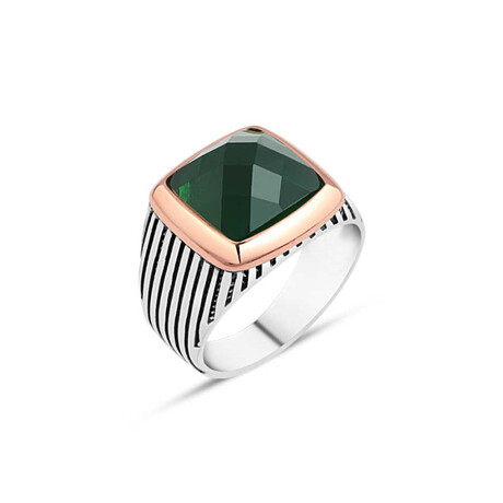 Sterling Silver + Cut Green Zircon Stone Ring (10)