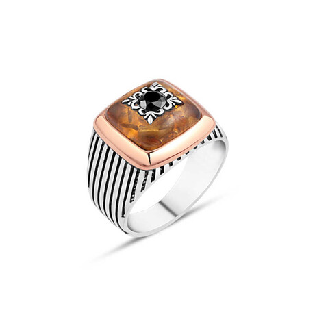 Sterling Silver + Zircon Stone on Synthetic Amber Ring (10)