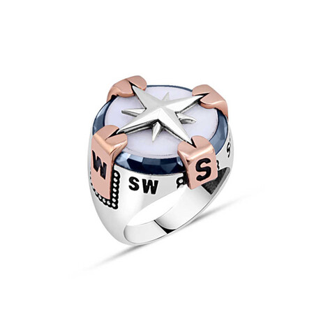 Sterling Silver + White Onyx Stone Compass Ring (10)