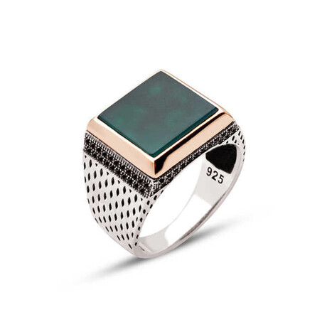 Sterling Silver + Green Agate Stone + Zircon Embellished Square Ring (10)
